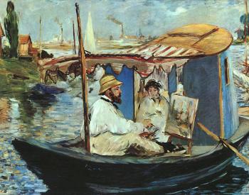 愛德華 馬奈 Claude Monet working on his boat in Argenteuil